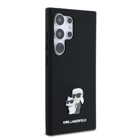 Husa Karl Lagerfeld Liquid Silicone Metal Karl and Choupette pentru Samsung Galaxy S24 Ultra, Neagra (Bakr, KLHCS24LSMHKCNPK) by www.silkase.ro