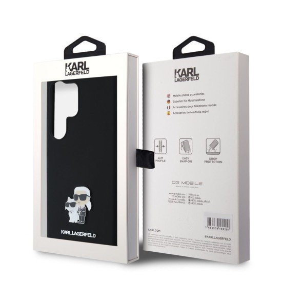Husa Karl Lagerfeld Liquid Silicone Metal Karl and Choupette pentru Samsung Galaxy S24 Ultra, Neagra (Bakr, KLHCS24LSMHKCNPK) by www.silkase.ro