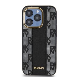 Husa Premium DKNY PU Leather Checkered Pattern MagSafe pentru iPhone 15 Pro, Black