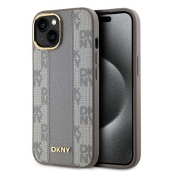 Husa DKNY PU Leather Checkered Pattern MagSafe pentru iPhone 15, Beige