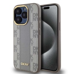 Husa DKNY PU Leather Checkered Pattern MagSafe pentru iPhone 15 Pro, Beige