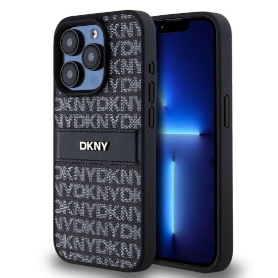 Husă DKNY PU Leather Repeat Pattern Tonal Stripe iPhone 15 Pro Black (Bakr, DKHCP15LPRTHSLK) by www.silkase.ro