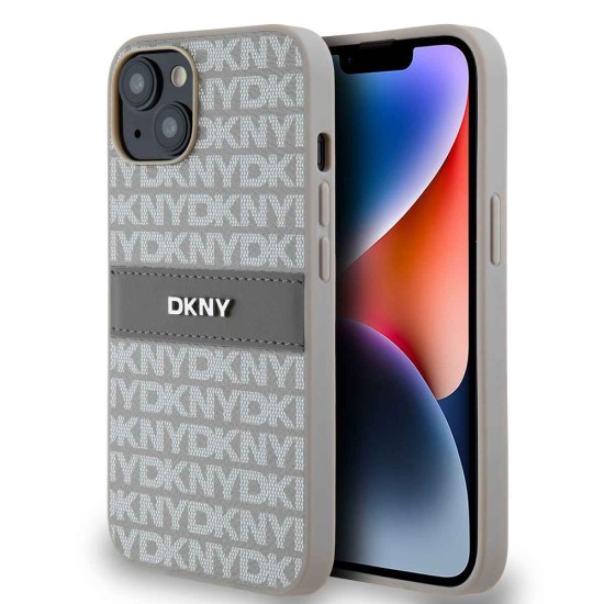 Husă DKNY PU Leather Repeat Pattern Tonal Stripe pentru iPhone 14, Beige (Bakr, DKHCP14SPRTHSLE) by www.silkase.ro