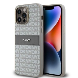Husă DKNY PU Leather Repeat Pattern Tonal Stripe pentru iPhone 15 Pro Max, Beige