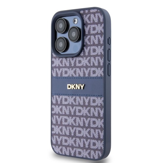 Husa Premium DKNY PU Leather Repeat Pattern Tonal Stripe pentru iPhone 15 Pro Max, Blue (Bakr, DKHCP15XPRTHSLB) by www.silkase.ro