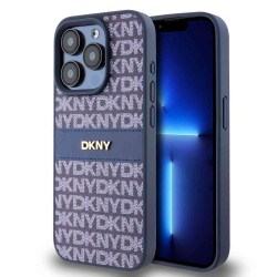 Husa Premium DKNY PU Leather Repeat Pattern Tonal Stripe pentru iPhone 15 Pro Max, Blue