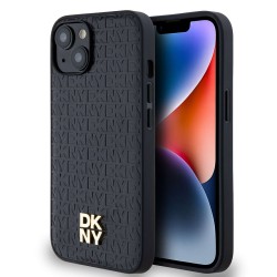 Husă DKNY PU Leather Repeat Pattern Stack Logo MagSafe pentru iPhone 15, Black
