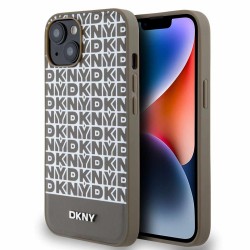 Husa DKNY PU Leather Repeat Pattern Bottom Stripe MagSafe pentru iPhone 15, Brown