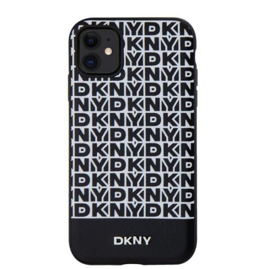 Husă DKNY PU Leather Repeat Pattern Bottom Stripe MagSafe pentru iPhone 11, Black (Bakr, DKHMN61PSOSPK) by www.silkase.ro
