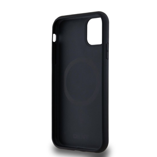 Husă DKNY PU Leather Repeat Pattern Bottom Stripe MagSafe pentru iPhone 11, Black (Bakr, DKHMN61PSOSPK) by www.silkase.ro