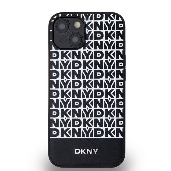 Husa DKNY PU Leather Repeat Pattern Bottom Stripe MagSafe pentru iPhone 14, Black (Bakr, DKHMP14SPSOSPK) by www.silkase.ro