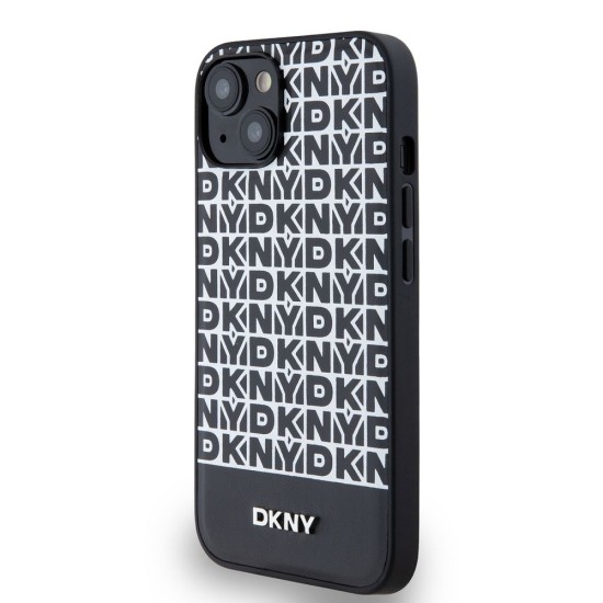 Husa DKNY PU Leather Repeat Pattern Bottom Stripe MagSafe pentru iPhone 14, Black (Bakr, DKHMP14SPSOSPK) by www.silkase.ro