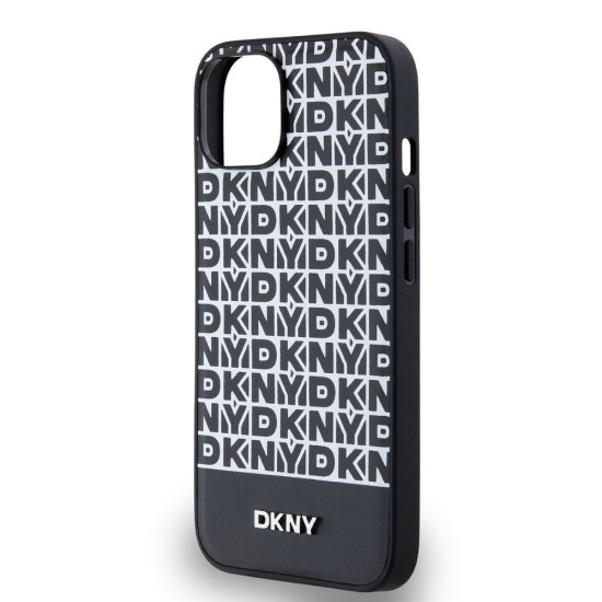 Husa DKNY PU Leather Repeat Pattern Bottom Stripe MagSafe pentru iPhone 14, Black (Bakr, DKHMP14SPSOSPK) by www.silkase.ro