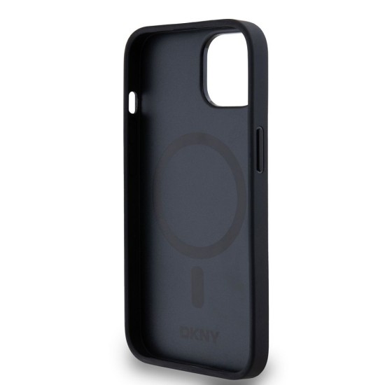 Husa DKNY PU Leather Repeat Pattern Bottom Stripe MagSafe pentru iPhone 14, Black (Bakr, DKHMP14SPSOSPK) by www.silkase.ro