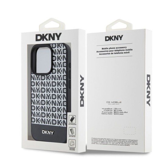 Husă DKNY PU Leather Repeat Pattern Bottom Stripe MagSafe pentru iPhone 14 Pro, Black (Bakr, DKHMP14LPSOSPK) by www.silkase.ro