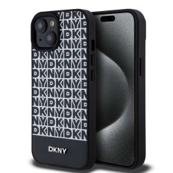 Husă de Protecție DKNY PU Leather Repeat Pattern Bottom Stripe MagSafe pentru iPhone 15, Black