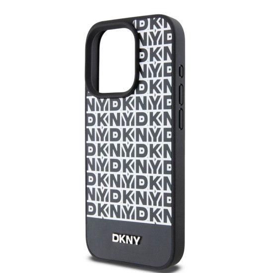 Husă DKNY PU Leather Repeat Pattern Bottom Stripe MagSafe pentru iPhone 15 Pro, Black (Bakr, DKHMP15LPSOSPK) by www.silkase.ro