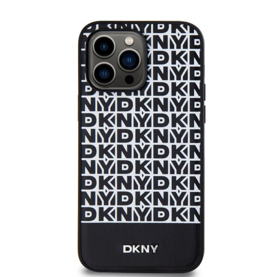 Husa DKNY PU Leather Repeat Pattern Bottom Stripe MagSafe pentru iPhone 15 Pro Max, Black (Bakr, DKHMP15XPSOSPK) by www.silkase.ro