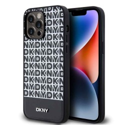 Husa DKNY PU Leather Repeat Pattern Bottom Stripe MagSafe pentru iPhone 15 Pro Max, Black