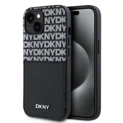Husă DKNY PU Leather Repeat Pattern Card Pocket pentru iPhone 15, Black