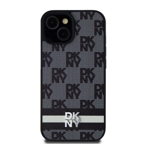 Husa DKNY PU Leather Checkered Pattern and Stripe pentru iPhone 15, Black (Bakr, DKHCP15SPCPTSSK) by www.silkase.ro