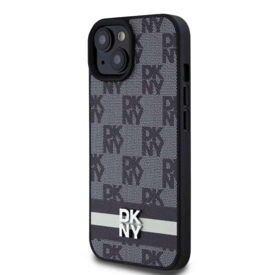 Husa DKNY PU Leather Checkered Pattern and Stripe pentru iPhone 15, Black (Bakr, DKHCP15SPCPTSSK) by www.silkase.ro