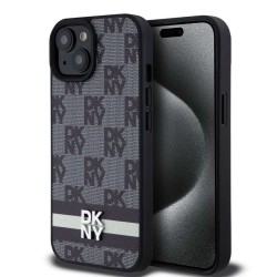 Husa DKNY PU Leather Checkered Pattern and Stripe pentru iPhone 15, Black