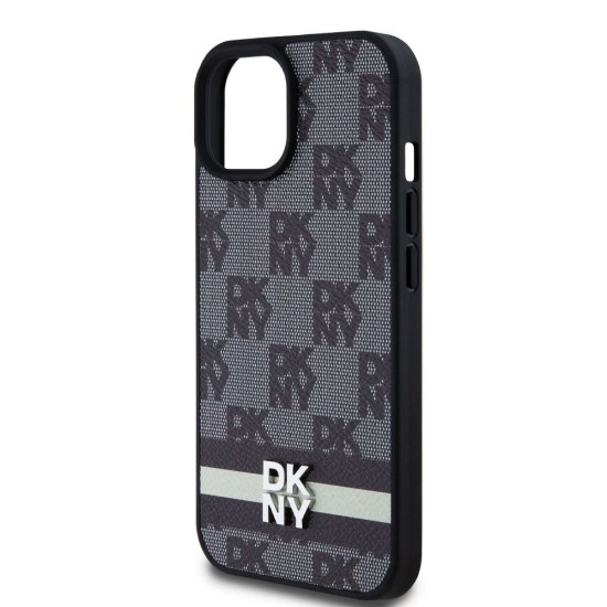 Husa DKNY PU Leather Checkered Pattern and Stripe pentru iPhone 15, Black (Bakr, DKHCP15SPCPTSSK) by www.silkase.ro