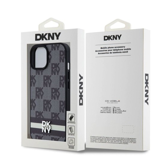 Husa DKNY PU Leather Checkered Pattern and Stripe pentru iPhone 15, Black (Bakr, DKHCP15SPCPTSSK) by www.silkase.ro