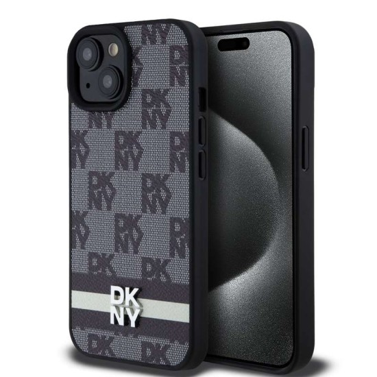 Husa DKNY PU Leather Checkered Pattern and Stripe pentru iPhone 15, Black (Bakr, DKHCP15SPCPTSSK) by www.silkase.ro