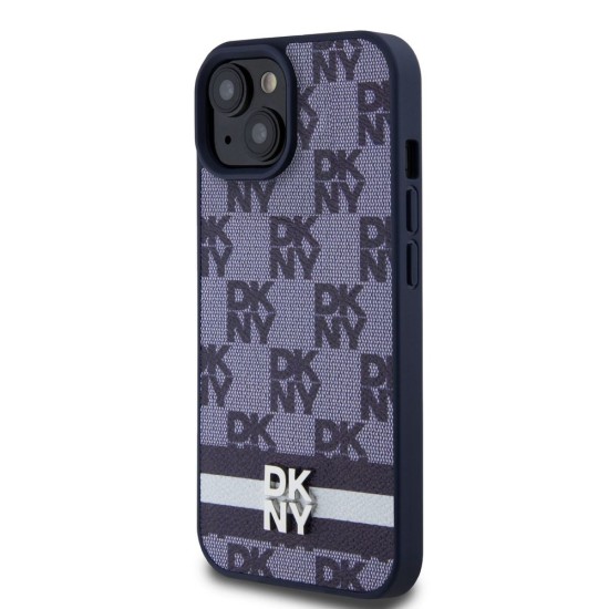 Husa de Protectie DKNY pentru iPhone 15, PU Leather Checkered Pattern and Stripe, Albastru (Bakr, DKHCP15SPCPTSSB) by www.silkase.ro