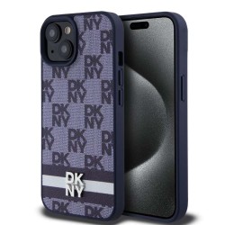 Husa de Protectie DKNY pentru iPhone 15, PU Leather Checkered Pattern and Stripe, Albastru