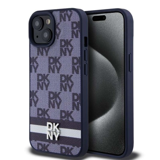 Husa de Protectie DKNY pentru iPhone 15, PU Leather Checkered Pattern and Stripe, Albastru (Bakr, DKHCP15SPCPTSSB) by www.silkase.ro