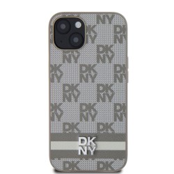 Husă DKNY pentru iPhone 13 din Piele PU, Model în Carouri și Dungă, Beige