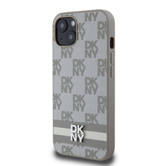 Husă DKNY pentru iPhone 13 din Piele PU, Model în Carouri și Dungă, Beige (Bakr, DKHCP13MPCPTSSE) by www.silkase.ro