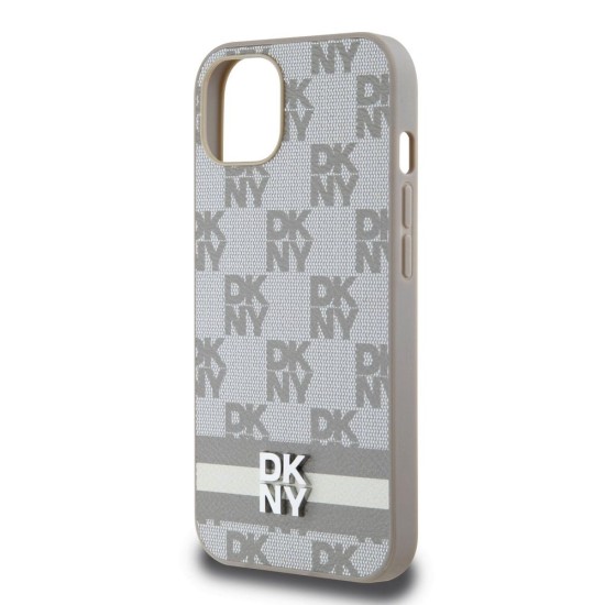 Husă DKNY pentru iPhone 13 din Piele PU, Model în Carouri și Dungă, Beige (Bakr, DKHCP13MPCPTSSE) by www.silkase.ro