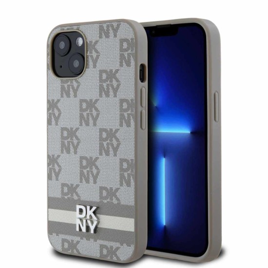 Husă DKNY pentru iPhone 13 din Piele PU, Model în Carouri și Dungă, Beige (Bakr, DKHCP13MPCPTSSE) by www.silkase.ro