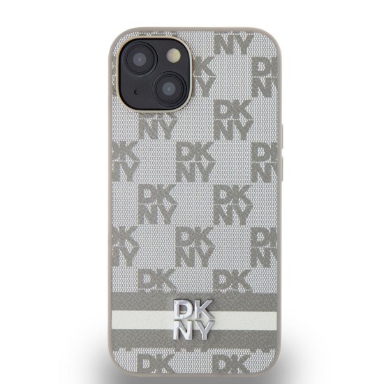 Husă DKNY din Piele PU cu Model Carouri și Dungă pentru iPhone 14, Bej (Bakr, DKHCP14SPCPTSSE) by www.silkase.ro
