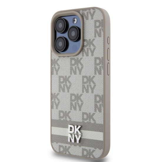 Husa DKNY PU Leather Checkered Pattern and Stripe pentru iPhone 14 Pro Max, Beige (Bakr, DKHCP14XPCPTSSE) by www.silkase.ro