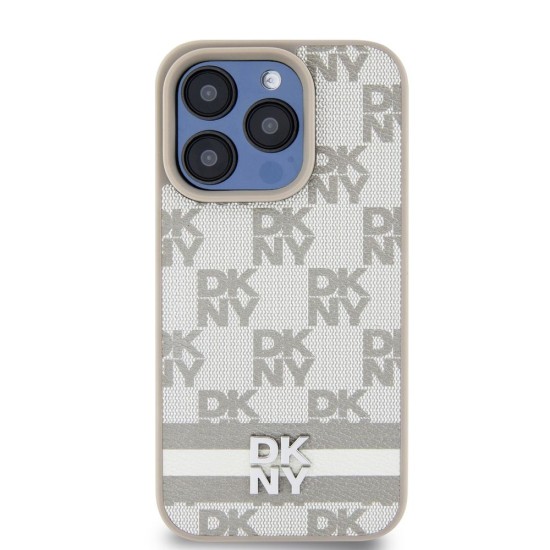 Husa DKNY PU Leather Checkered Pattern and Stripe pentru iPhone 15 Pro, Bej (Bakr, DKHCP15LPCPTSSE) by www.silkase.ro