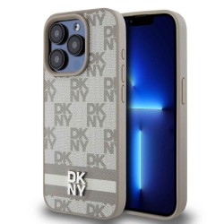 Husa DKNY PU Leather Checkered Pattern and Stripe pentru iPhone 15 Pro, Bej