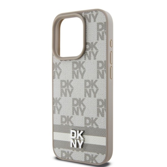Husa DKNY PU Leather Checkered Pattern and Stripe pentru iPhone 15 Pro, Bej (Bakr, DKHCP15LPCPTSSE) by www.silkase.ro