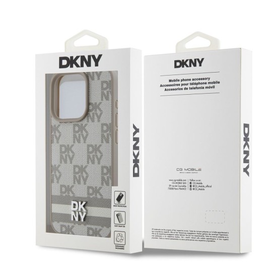 Husa DKNY PU Leather Checkered Pattern and Stripe pentru iPhone 15 Pro, Bej (Bakr, DKHCP15LPCPTSSE) by www.silkase.ro