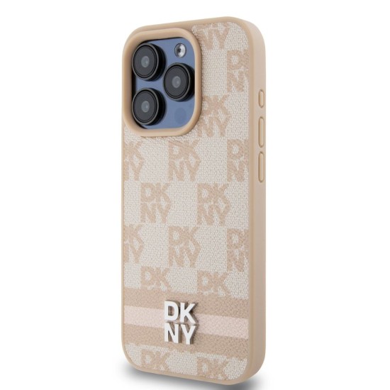 Husa Premium DKNY pentru iPhone 14 Pro Max, PU Leather, Checkered Pattern si Stripe, Roz (Bakr, DKHCP14XPCPTSSP) by www.silkase.ro