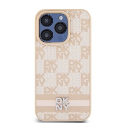 Husă Premium DKNY PU Leather Checkered Pattern and Stripe pentru iPhone 15 Pro, Roz