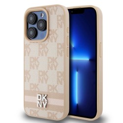 Husă Premium DKNY PU Leather Checkered Pattern and Stripe pentru iPhone 15 Pro, Roz