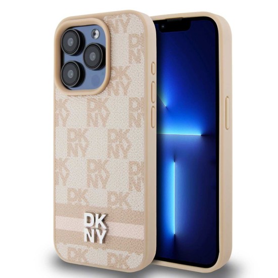 Husă Premium DKNY PU Leather Checkered Pattern and Stripe pentru iPhone 15 Pro, Roz (Bakr, DKHCP15LPCPTSSP) by www.silkase.ro