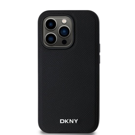 Husa DKNY iPhone 14 Pro din Piele Ecologica cu Logo Metalic Argintiu si MagSafe Black (Bakr, DKHMP14LPGHLMK) by www.silkase.ro