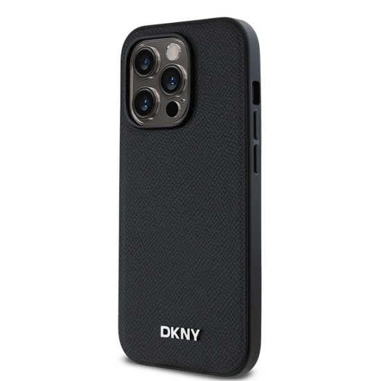 Husa DKNY iPhone 14 Pro din Piele Ecologica cu Logo Metalic Argintiu si MagSafe Black (Bakr, DKHMP14LPGHLMK) by www.silkase.ro