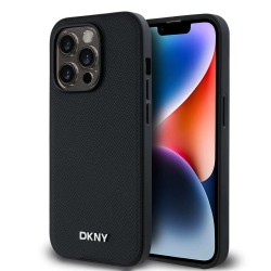 Husa DKNY iPhone 14 Pro din Piele Ecologica cu Logo Metalic Argintiu si MagSafe Black